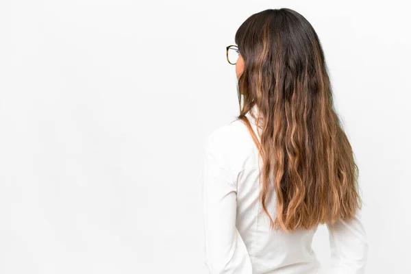 Young Caucasian Woman Isolated White Background Back Position Looking Back — Φωτογραφία Αρχείου