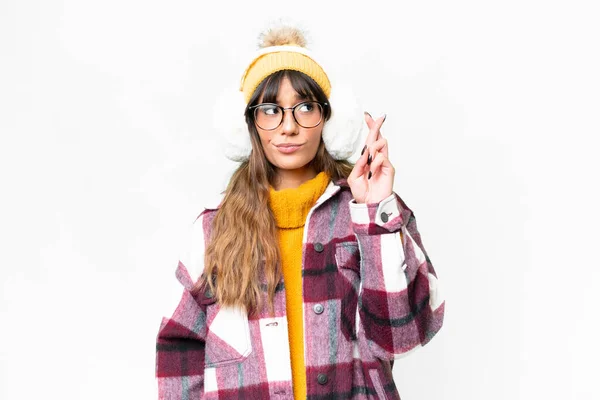 Young Caucasian Woman Wearing Winter Muffs Isolated White Background Fingers — 스톡 사진