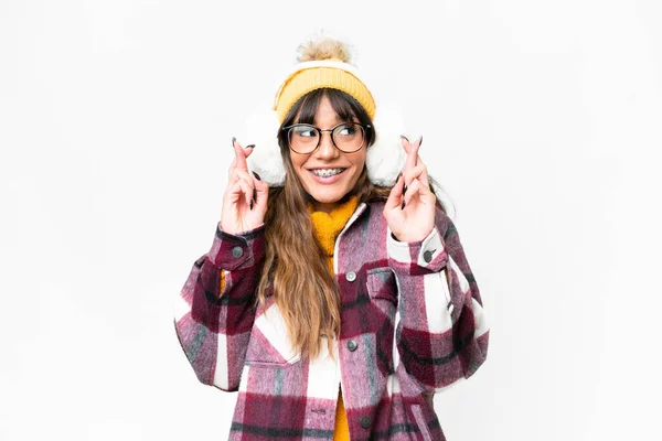 Young Caucasian Woman Wearing Winter Muffs Isolated White Background Fingers — Stockfoto