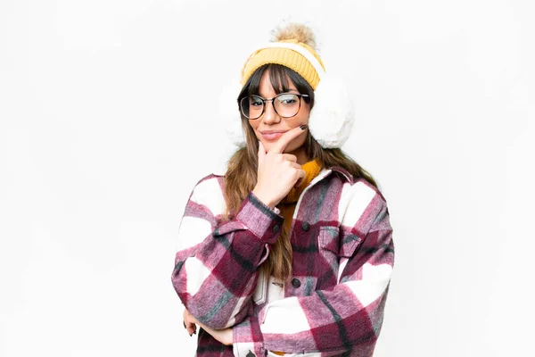 Young Caucasian Woman Wearing Winter Muffs Isolated White Background Smiling — Stockfoto