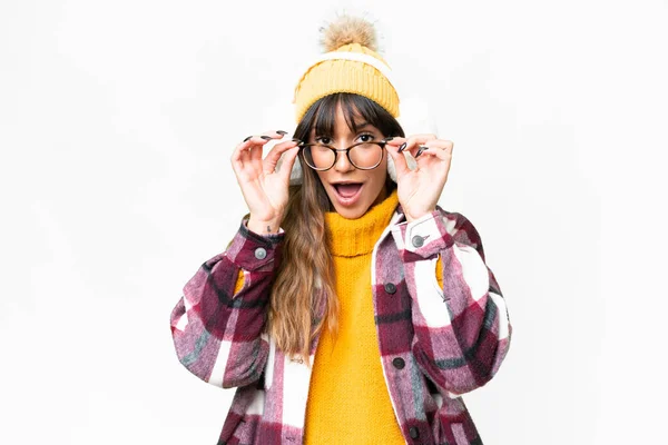 Young Caucasian Woman Wearing Winter Muffs Isolated White Background Glasses — Foto de Stock