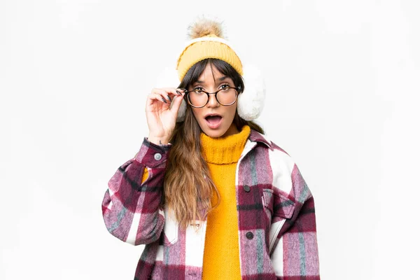 Young Caucasian Woman Wearing Winter Muffs Isolated White Background Glasses — 图库照片