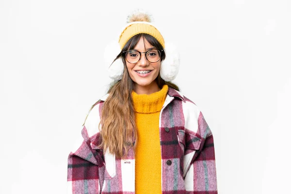 Young Caucasian Woman Wearing Winter Muffs Isolated White Background Glasses —  Fotos de Stock