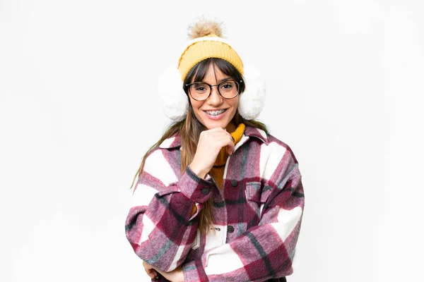 Young Caucasian Woman Wearing Winter Muffs Isolated White Background Glasses — Fotografia de Stock