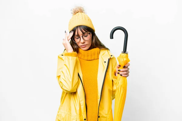 Young Caucasian Woman Rainproof Coat Umbrella Isolated White Background Headache —  Fotos de Stock