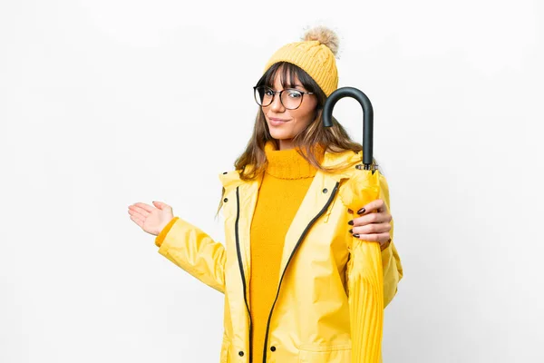 Young Caucasian Woman Rainproof Coat Umbrella Isolated White Background Extending —  Fotos de Stock
