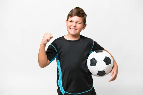 Malý Kavkazský Fotbalista Dítě Přes Izolované Bílé Pozadí Slaví Vítězství — Stock fotografie