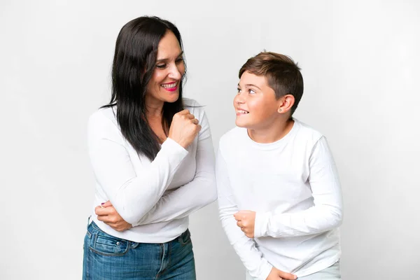 Little Caucasian Kid His Mother Isolated White Background Smiling Lot — Stock Photo, Image
