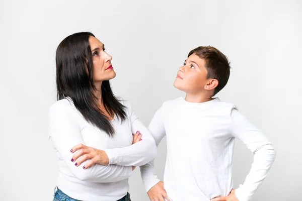 Little Caucasian Kid His Mother Isolated White Background Looking While — Stock Photo, Image