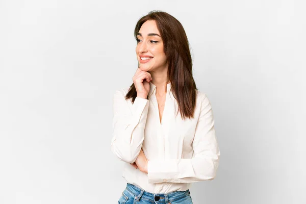 Young Caucasian Woman Isolated White Background Looking Side — 스톡 사진