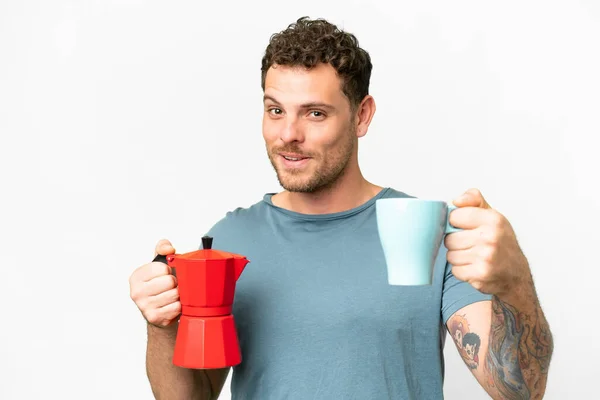 Brazilian Man Holding Coffee Pot Isolated White Background — 스톡 사진