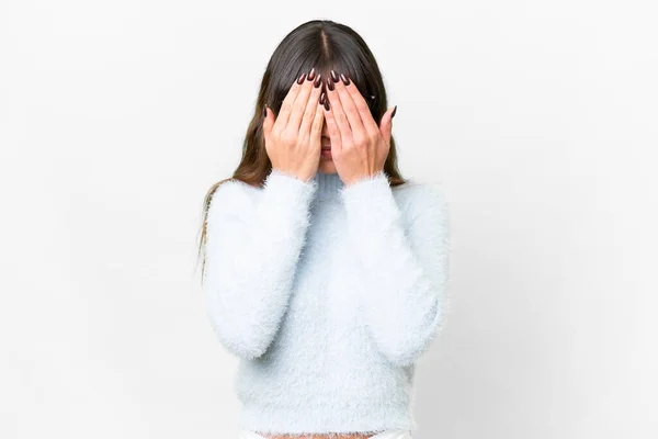 Young Caucasian Woman Isolated White Background Covering Eyes Hands — Stok fotoğraf