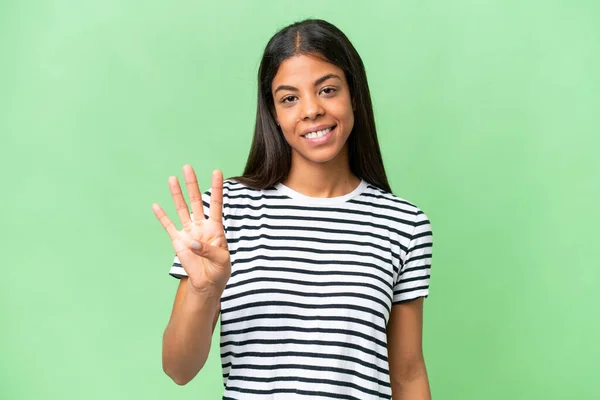 Jong Afrikaans Amerikaans Vrouw Geïsoleerde Achtergrond Gelukkig Tellen Vier Met — Stockfoto
