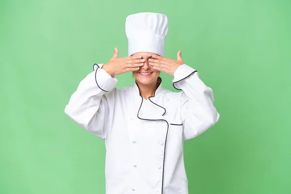 Middle Aged Chef Woman Isolated Background Covering Eyes Hands — Stock Photo, Image