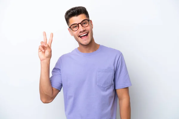 Young Caucasian Man Isolated White Background Smiling Showing Victory Sign — Stock Photo, Image