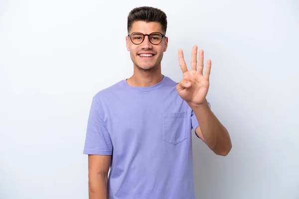 Young Caucasian Man Isolated White Background Happy Counting Four Fingers — 图库照片