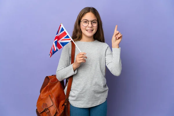 Child Holding United Kingdom Flag Isolated Background Pointing Great Idea — Stock Fotó