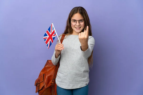 Gyermek Tartó Egyesült Királyság Zászló Elszigetelt Háttér Csinál Közelgő Gesztus — Stock Fotó