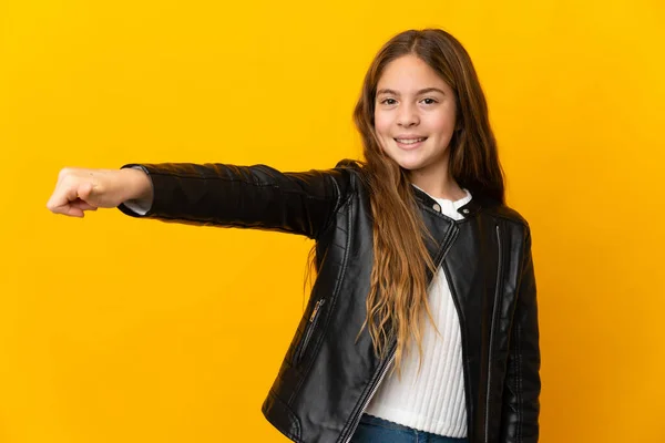 Child Isolated Yellow Background Giving Thumbs Gesture — Fotografia de Stock