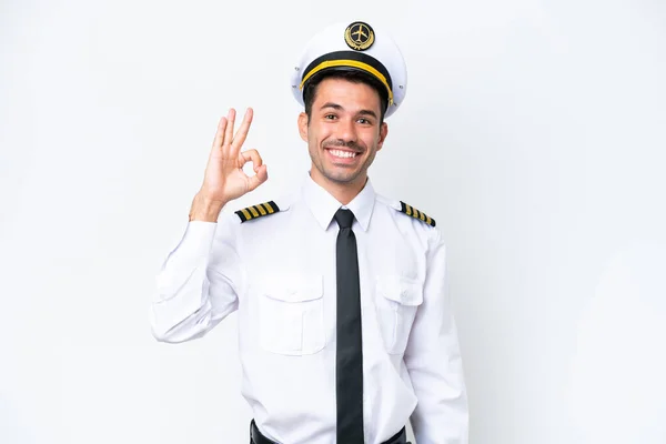 Пілот Літака Над Ізольованим Білим Тлом Показує Знак Пальцями — стокове фото