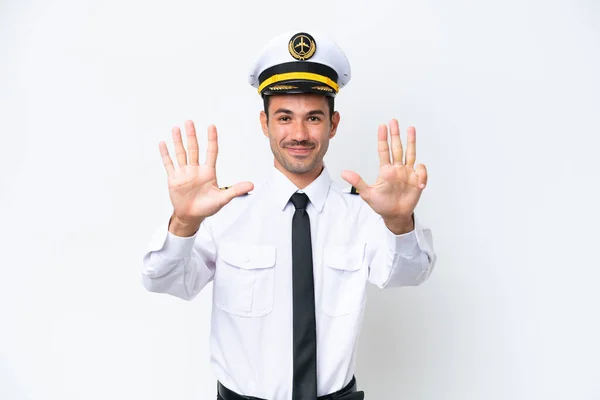 Airplane Pilot Isolated White Background Counting Nine Fingers — Foto de Stock