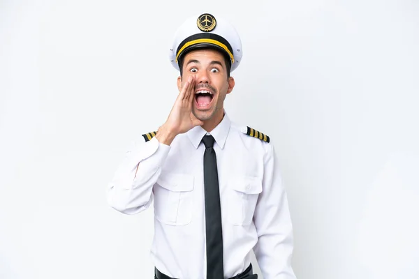 Airplane Pilot Isolated White Background Shouting Mouth Wide Open — Φωτογραφία Αρχείου