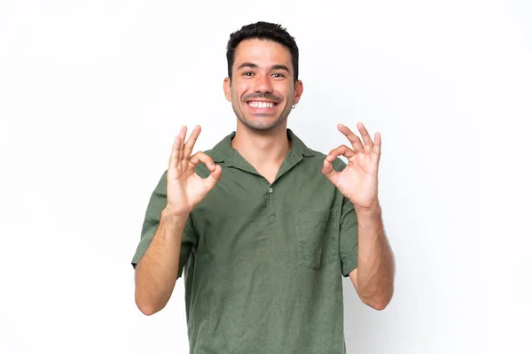 Young Handsome Man Isolated White Background Showing Sign Two Hands — 스톡 사진