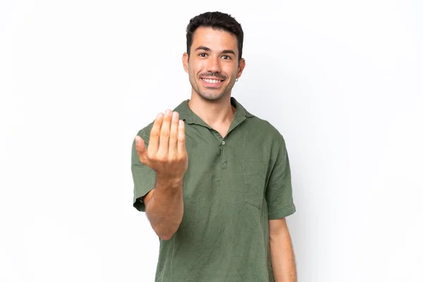 Jonge Knappe Man Geïsoleerde Witte Achtergrond Uitnodigend Met Hand Komen — Stockfoto
