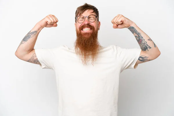 Redhead Man Long Beard Isolated White Background Doing Strong Gesture — Stock fotografie