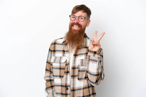 Homem Ruivo Com Barba Longa Isolado Fundo Branco Sorrindo Mostrando — Fotografia de Stock