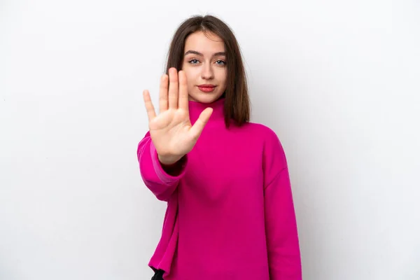 Νεαρή Ουκρανή Γυναίκα Απομονωμένη Λευκό Φόντο Κάνοντας Χειρονομία Stop — Φωτογραφία Αρχείου
