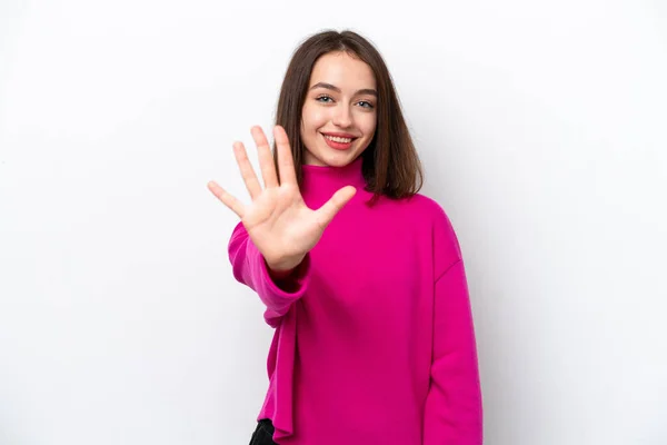 Νεαρή Ουκρανή Γυναίκα Απομονωμένη Λευκό Φόντο Μετρώντας Πέντε Δάχτυλα — Φωτογραφία Αρχείου