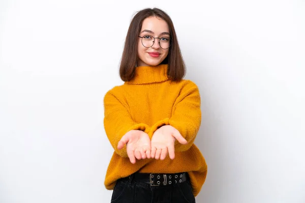 Young Ukrainian Woman Isolated White Background Holding Copyspace Imaginary Palm — 스톡 사진