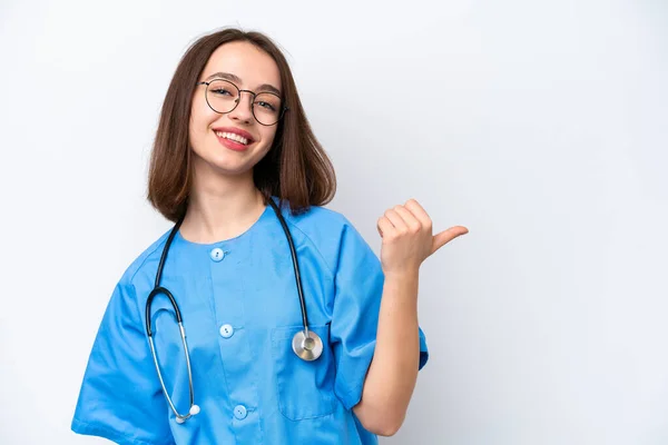 Young Nurse Ukrainian Woman Isolated White Background Pointing Side Present — 图库照片