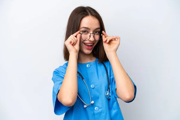 Young Nurse Ukrainian Woman Isolated White Background Glasses Surprised — 图库照片