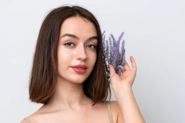 Young Ukrainian Woman Isolated White Background Holding Lavender Plant Close — стоковое фото