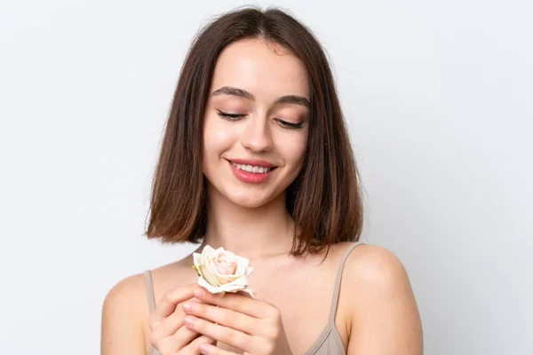 Mujer Ucraniana Joven Aislada Sobre Fondo Blanco Sosteniendo Flores Con —  Fotos de Stock