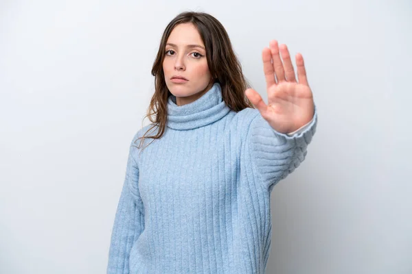 Jonge Kaukasische Vrouw Geïsoleerd Witte Achtergrond Maken Stop Gebaar — Stockfoto
