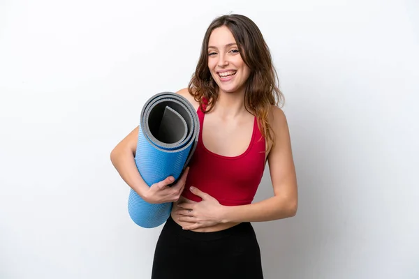 Young Sport Caucasian Woman Going Yoga Classes While Holding Mat — 图库照片