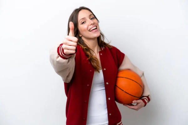 Young Caucasian Woman Playing Basketball Isolated White Background Thumbs Because — Stok fotoğraf