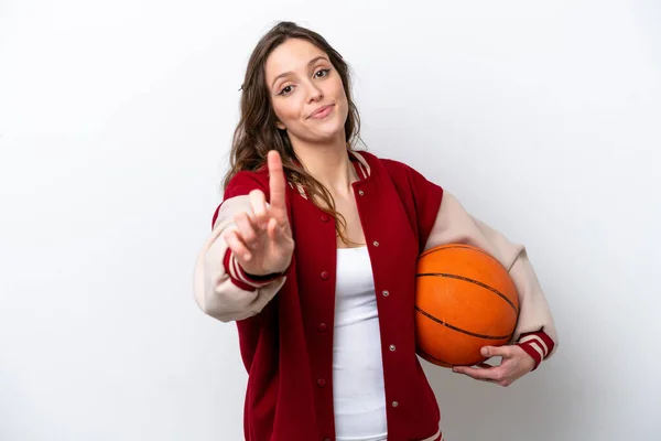Young Caucasian Woman Playing Basketball Isolated White Background Showing Lifting — Stok fotoğraf