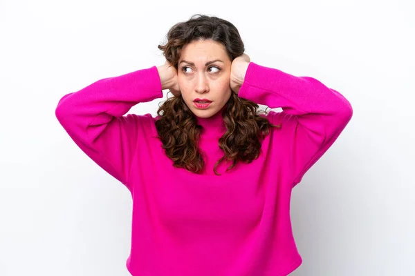 Young Caucasian Woman Isolated White Background Frustrated Covering Ears — Stock Photo, Image