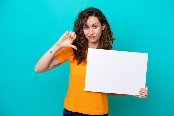 Young Caucasian Woman Isolated Blue Background Holding Empty Placard Doing — 스톡 사진