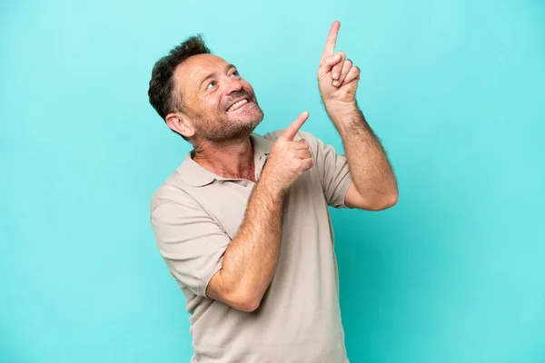 Middle Age Caucasian Man Isolated Blue Background Pointing Index Finger — Stock Photo, Image