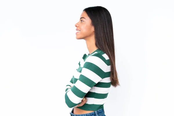 Ung Afrikansk Amerikansk Kvinde Isoleret Hvid Baggrund Lateral Position - Stock-foto