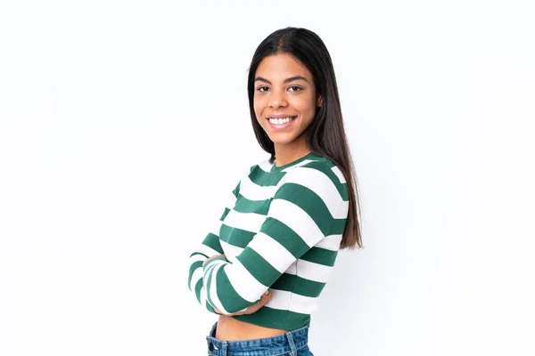 Young African American Woman Isolated White Background Arms Crossed Looking — Stock Photo, Image