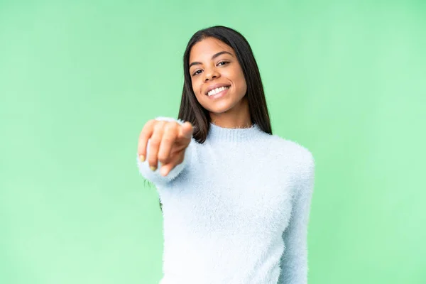 stock image Young African American woman over isolated chroma key background pointing front with happy expression