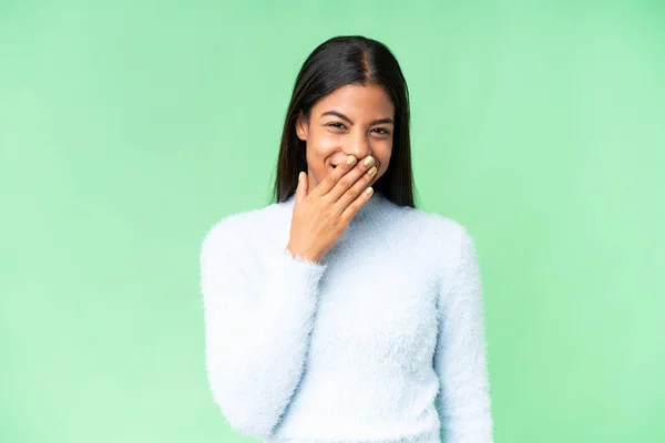 Junge Afroamerikanerin Über Isoliertem Chroma Schlüsselhintergrund Glücklich Und Lächelnd Mund — Stockfoto