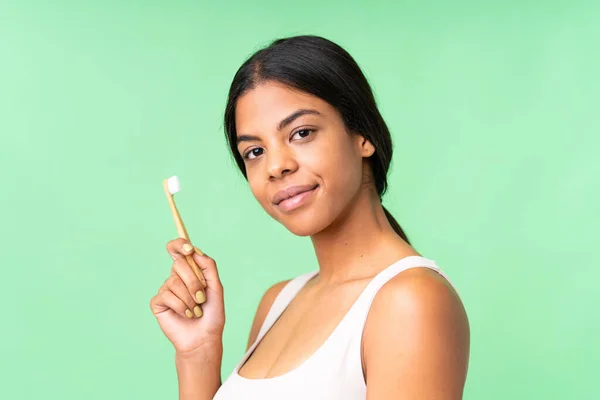 Young Woman Isolated Chroma Key Background Toothbrush — Foto de Stock