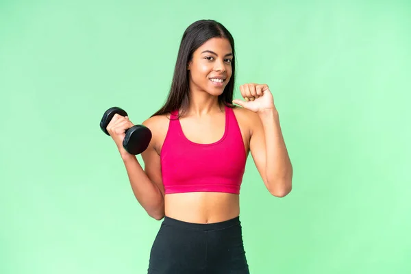 Young African American Woman Sport Woman Making Weightlifting Isolated Chroma — Stock Photo, Image